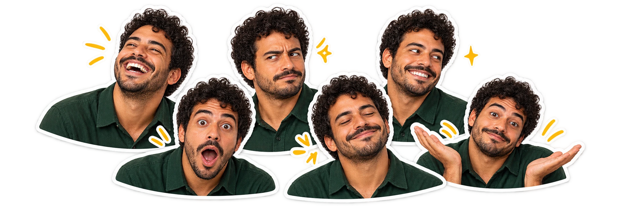 Exemplo ilustrativo de uma pessoa em seis versões de figurinhas com expressões diferentes.