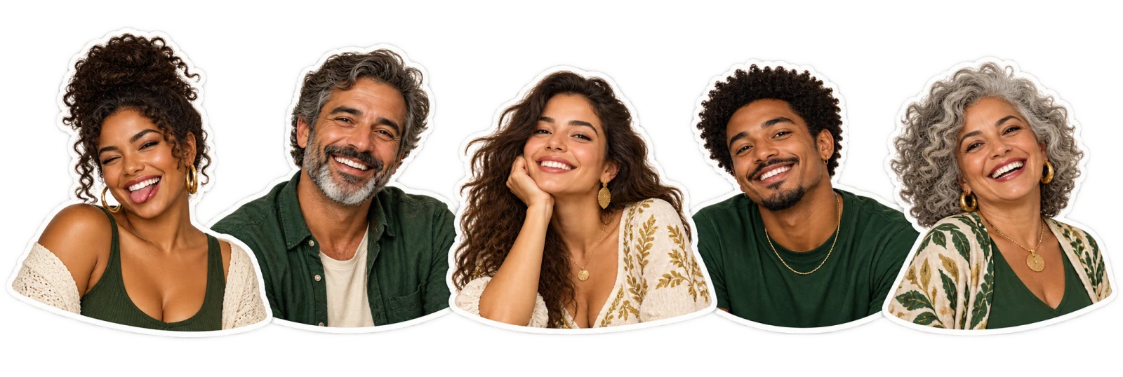 Cinco pessoas recortadas como personagens de um pack de grupo.
