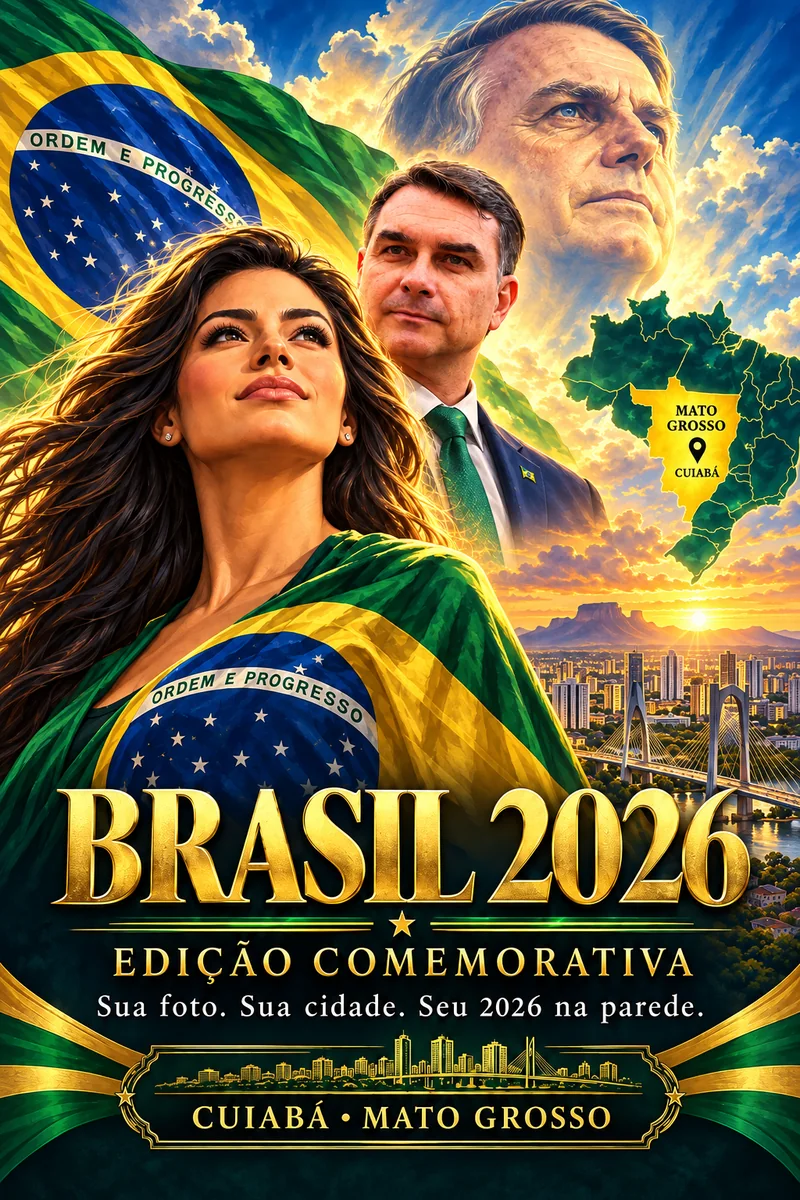 Arte ilustrativa da versão épica, com Flávio Bolsonaro em primeiro plano e Jair Bolsonaro ao fundo.