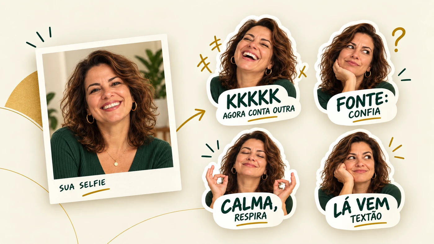 Exemplo real de uma selfie convertida em quatro figurinhas personalizadas.